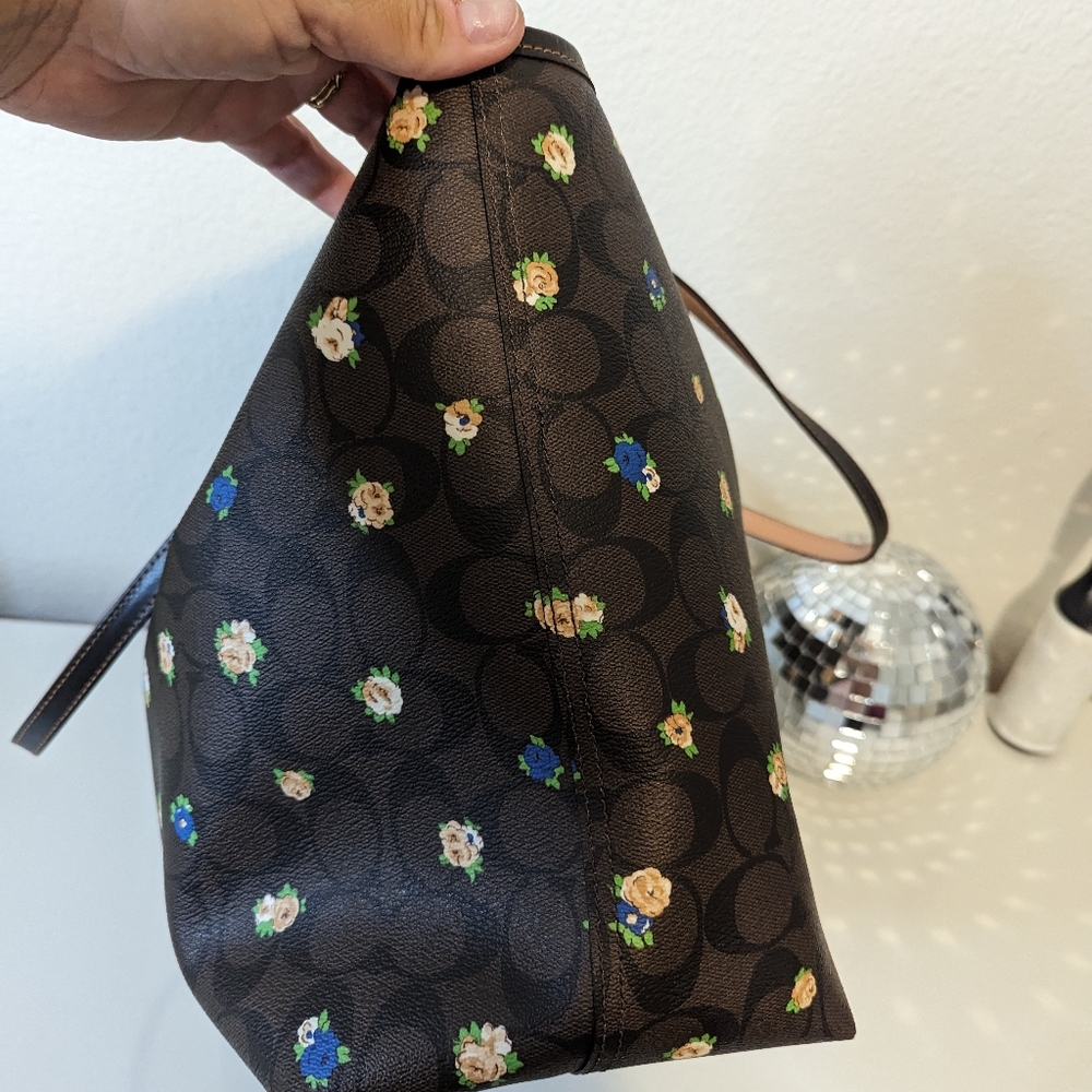 Coach Brown Floral Logo Tote with Blue and Cream Accents - Picture 5 of 16